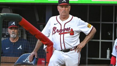 Braves manager Brian Snitker OK after taking Ozzie Albies foul ball to the groin