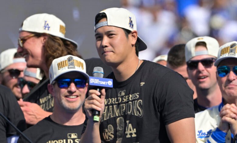 Watch: Shohei Ohtani sends message to fans at Dodgers’ World Series parade